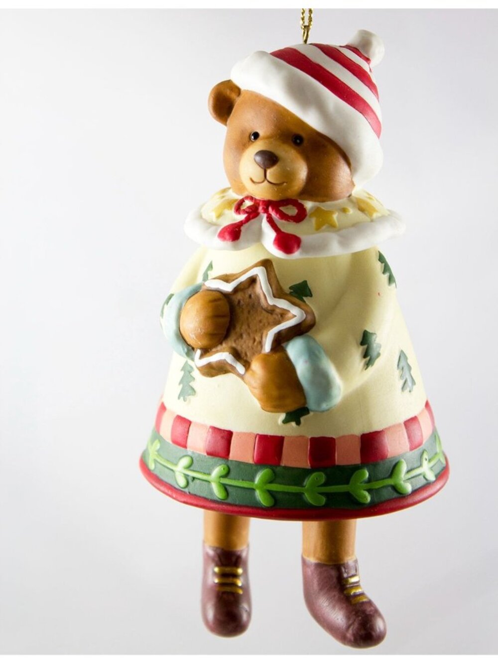 Kirkland Handpainted Porcelain Bear Bell Christmas Ornament Dangling Legs